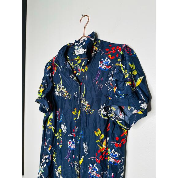 TANYA TAYLOR Navy Printed Floral Button Up Collared Aliciana Shirt Dress Size 14 - Picture 7 of 13